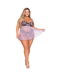 Stretch Mesh Embroidered Babydoll & G-String Set