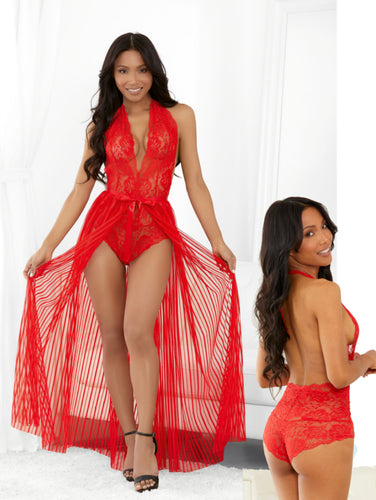 Red Lace Halter Teddy & Striped Sheer Skirt