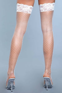 Amber Lace Top Fishnet Thigh Highs - White