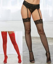Load image into Gallery viewer, Stockings, Fishnet thigh high with lace top Stockings.
